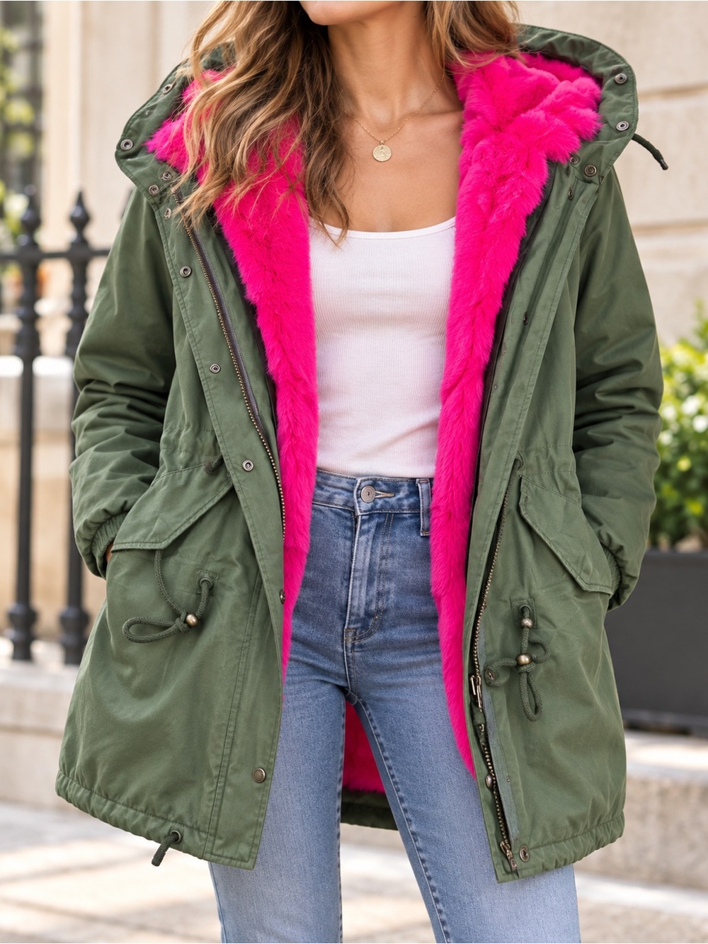 Mr & Mrs Italy Olive Green Parka with Hot Pink Faux Fur Lining